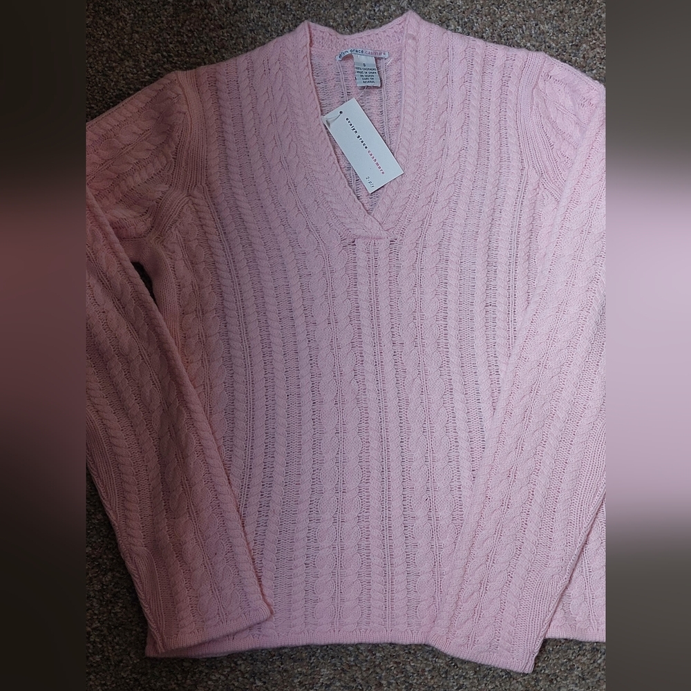 Nwts 2 Ply Cashmere Pink V-Neck Cable Knit Sweater